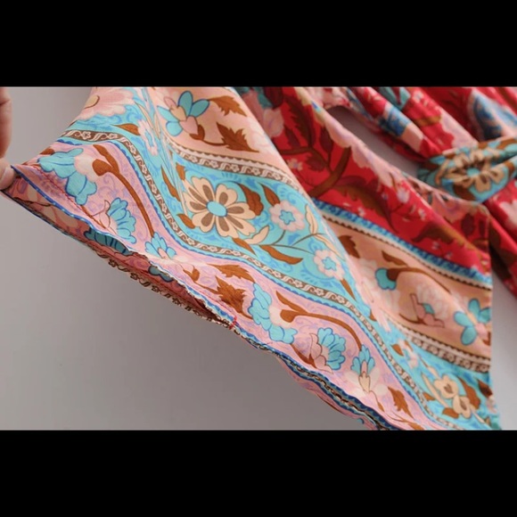 Bohemian Red Floral Gypsy Kimono Long Maxi Dress - Picture 15 of 16